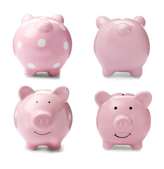 Set with cute piggy banks on white background. Money saving