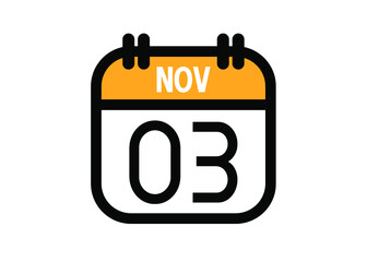 November 3. November calendar for deadline and appointment. Vector in Yellow.
