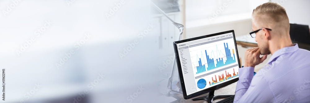 Poster businessman looking at graph on computer