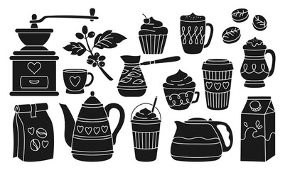 Coffee cup drink, beans and cezve pot stamp linear set. Breakfast cappuccino espresso mug, cupcake and kettle, latte glace cups to go. Rustic arabica grinder. Contour vector symbol coffeehouse menu