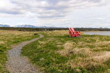 Fototapeta premium seascape along the Viking trail with the Long Range Mountains in the background, Gros Morne National Park; Newfoundland and Labrador Canada.