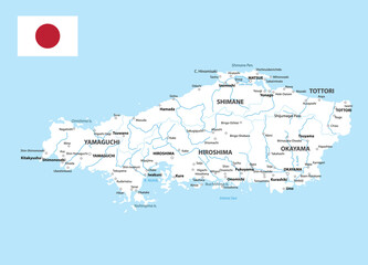 Chugoku Map. Map of Japan Prefecture. White color