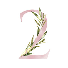 Watercolor Rose Gold Olive Floral Number digit 2, with flower bouquet. Botanical greenery number for Baby shower, table number, birthday,digital wedding invitation, oh baby, milestone card for kids