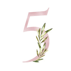 Watercolor Rose Gold Olive Floral Number digit 5, with flower bouquet. Botanical greenery number for Baby shower, table number, birthday,digital wedding invitation, oh baby, milestone card for kids