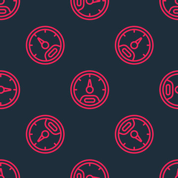 Red line Speedometer icon isolated seamless pattern on black background. Vector
