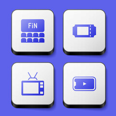 Set Cinema auditorium with screen, ticket, Retro tv and Online play video icon. White square button. Vector