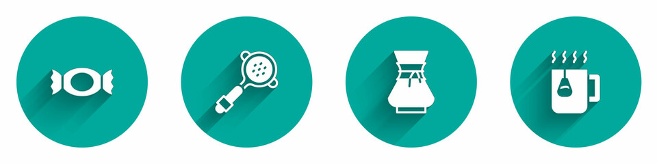 Set Candy, Coffee filter holder, Pour over coffee maker and Cup tea with bag icon with long shadow. Vector