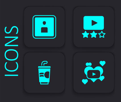 Set Romantic movie, Play Video, Rating and Paper glass with water icon. Black square button. Vector