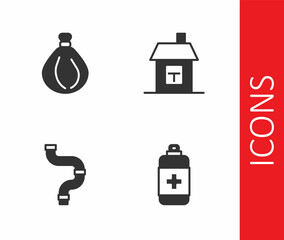 Set Antibacterial soap, Garbage bag, Industry metallic pipe and House icon. Vector