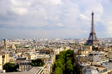 Aerial view of Paris on a cloudy day with the Eiffel Tower in the background