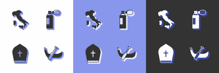 Set Gondola boat, Map of Italy, Pope hat and Perfume icon. Vector