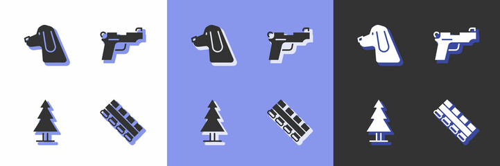 Set Hunting cartridge belt, dog, Tree and Pistol or gun icon. Vector