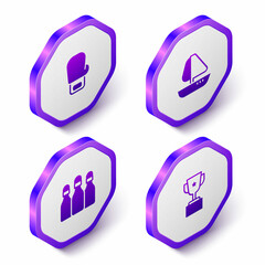 Set Isometric Boxing glove, Yacht sailboat, Bowling pin and Award cup icon. Purple hexagon button. Vector