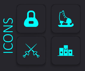 Set Award over sports winner podium, Weight, Skates and Fencing icon. Black square button. Vector