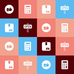 Set pop art Hand like, Calculator, Carton cardboard box and Hanging sign with text Open icon. Vector