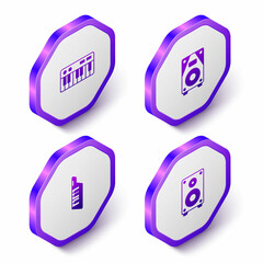 Set Isometric Music synthesizer, Stereo speaker, Keytar and icon. Purple hexagon button. Vector
