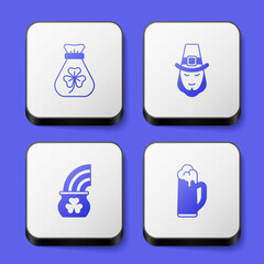 Set Money bag with clover, Leprechaun, Pot of gold rainbow and Glass beer icon. White square button. Vector