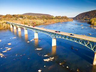 panoramic drone view of the bridge over the Potomac River near Harpers Ferry in West Virginia, USA