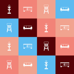 Set pop art Coat stand, TV table, Chair and Sofa icon. Vector