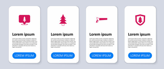 Set Shield with tree, Hand saw, Tree and Location of the forest. Business infographic template. Vector