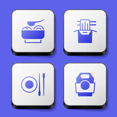 Set Ramen soup bowl, Asian noodles in paper box, Food chopsticks with plate and icon. White square button. Vector