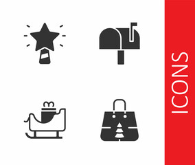 Set Christmas shopping bag, star, santa claus sleigh and Mail box icon. Vector