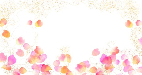 Fototapeta na wymiar ピンクやオレンジのグラデーションが美しい薔薇の花びらが舞い散る水彩画手描きイラスト