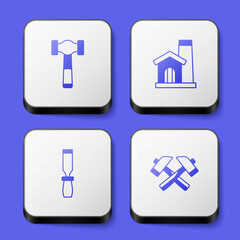 Set Hammer, Smithy workshop interior, Rasp metal file and Crossed hammer icon. White square button. Vector