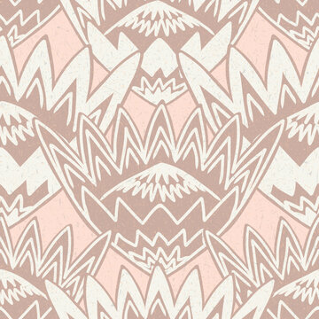 SEAMLESS VECTOR PATTERN king protea floral motif. bold, simple sophisticated vintage pastel pink minimalist flowers. Tribal mud cloth aztec boho luxe inspired large scale protea buds with texture