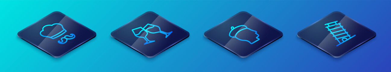 Set Isometric line French man, Italian cook, Leaning tower in Pisa and Wine glass icon. Vector