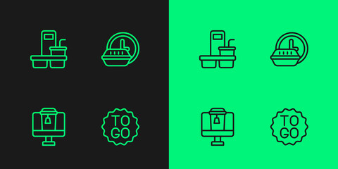 Set line Coffee cup to go, Online ordering food, and Round the clock delivery icon. Vector