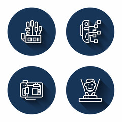 Set line Mechanical robot hand, Humanoid, Motherboard and Hologram with long shadow. Blue circle button. Vector