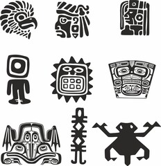 Vector monochrome set of Native American Indian national symbols. Ethnic round ornaments of the peoples of America, Aztec, Maya, Incas, Peru, Brazil, Mexico, Honduras, Guatemala