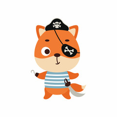 Cute little pirate fox with hook and blindfold. Cartoon animal character for kids t-shirts, nursery decoration, baby shower, greeting card, invitation, house interior. Vector stock illustration