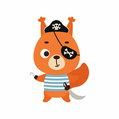 Cute little pirate squirrel with hook and blindfold. Cartoon animal character for kids t-shirts, nursery decoration, baby shower, greeting card, invitation, house interior. Vector stock illustration