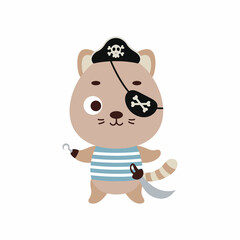 Obraz na płótnie Canvas Cute little pirate cat with hook and blindfold. Cartoon animal character for kids t-shirts, nursery decoration, baby shower, greeting card, invitation, house interior. Vector stock illustration