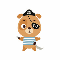 Cute little pirate dog with hook and blindfold. Cartoon animal character for kids t-shirts, nursery decoration, baby shower, greeting card, invitation, house interior. Vector stock illustration