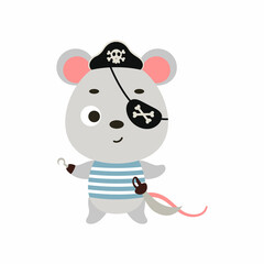 Cute little pirate mouse with hook and blindfold. Cartoon animal character for kids t-shirts, nursery decoration, baby shower, greeting card, invitation, house interior. Vector stock illustration