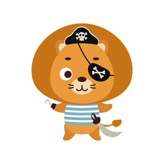 Cute little pirate lion with hook and blindfold. Cartoon animal character for kids t-shirts, nursery decoration, baby shower, greeting card, invitation, house interior. Vector stock illustration