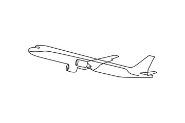 Single line drawing : commercial airplane takeoff and climb. Takeoff is the phase of flight in which an aerospace vehicle leaves the ground and becomes airborne. Vector illustration for transportation