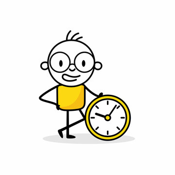 Businessman leaning on a clock on white background. Hand drawn doodle man. Vector stock illustration