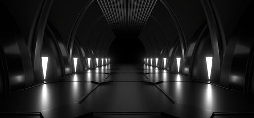 Fototapeta premium A dark tunnel lit by white neon lights. Reflections on the floor and walls. 3d rendering image.
