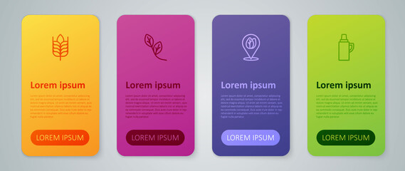 Set line Location with leaf, Thermos container, Wheat and Leaf. Business infographic template. Vector