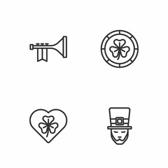 Set line Leprechaun, Heart with clover trefoil leaf, Trumpet and Golden leprechaun coin icon. Vector