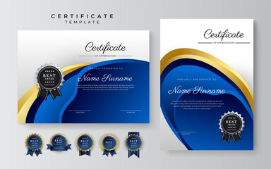 Modern blue and gold certificate of achievement award template with badge and border for business and corporate