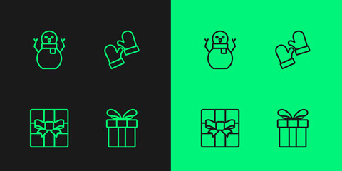 Set line Gift box, Christmas snowman and mittens icon. Vector