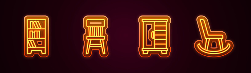 Set line Library bookshelf, Chair, Wardrobe and Armchair. Glowing neon icon. Vector