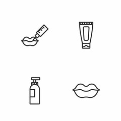 Set line Smiling lips, Bottle of shampoo, Lip augmentation and Cream or lotion cosmetic tube icon. Vector