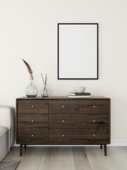Living room with a vertical frame mockup on a piece of furniture and decorated with books and ornaments. 3d rendering, interior design, 3d illustration