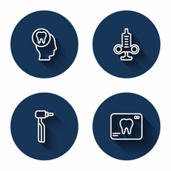 Set line Toothache, Syringe, drill and X-ray of tooth with long shadow. Blue circle button. Vector